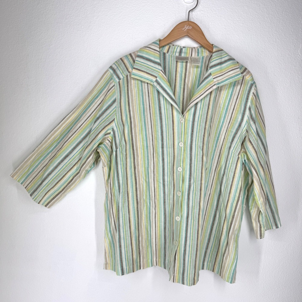 Women Linen Striped Button Down‎ Shirt Green Yellow Plus 1x Office Beach Casual